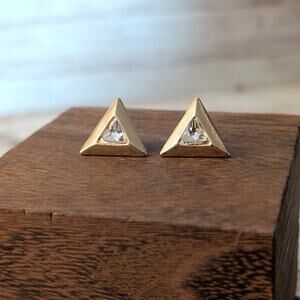 Vintage Stud Earrings Gold Tone Triangle with Clear Gem Retro